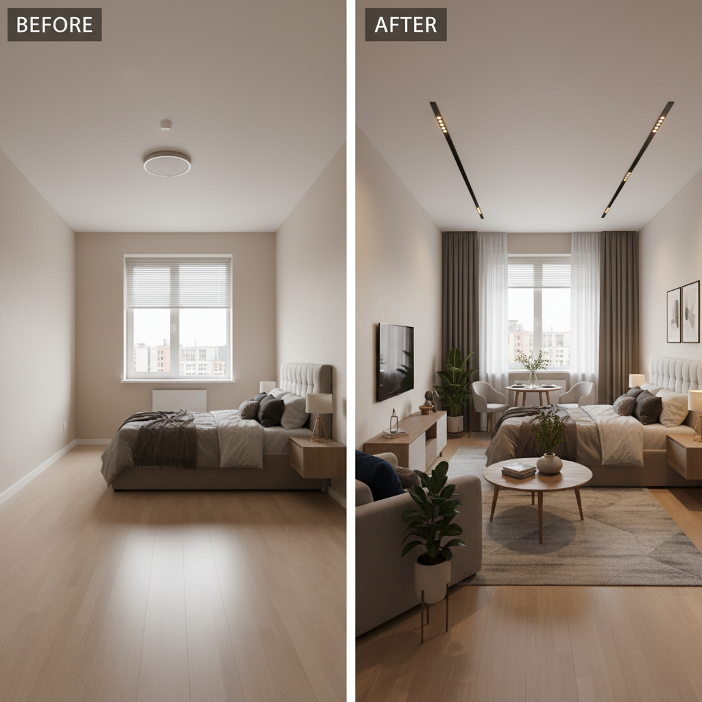 Image of a digitally staged studio apartment showing before and after comparisons.