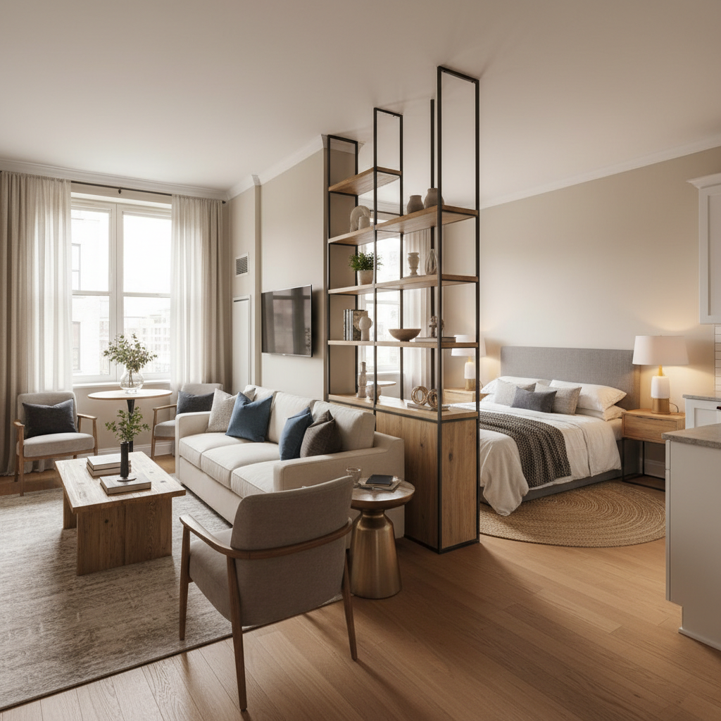 Image of a studio apartment with distinct living and sleeping areas created through furniture arrangement.