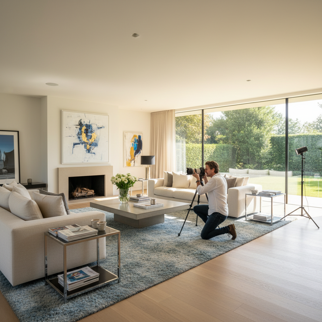 Photographer using a wide-angle lens in a spacious living room