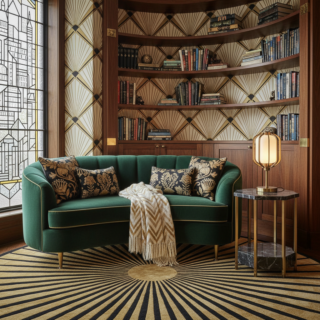 Image of an Art Deco reading nook featuring geometric patterns and luxurious textiles.