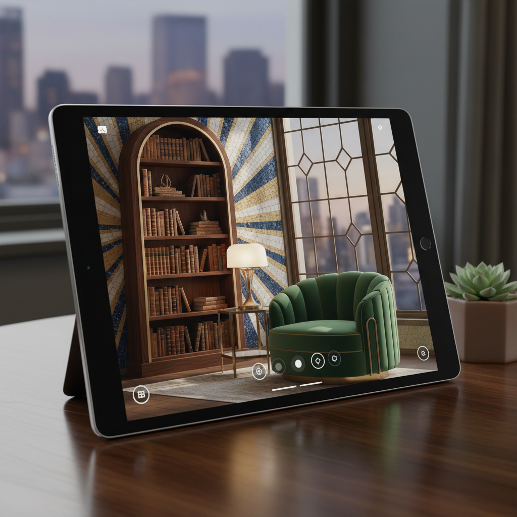 Image of AI-generated Art Deco reading nook design on a digital platform.