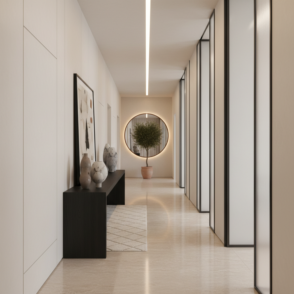 Italian modern hallway design example with sleek furniture and neutral colors.