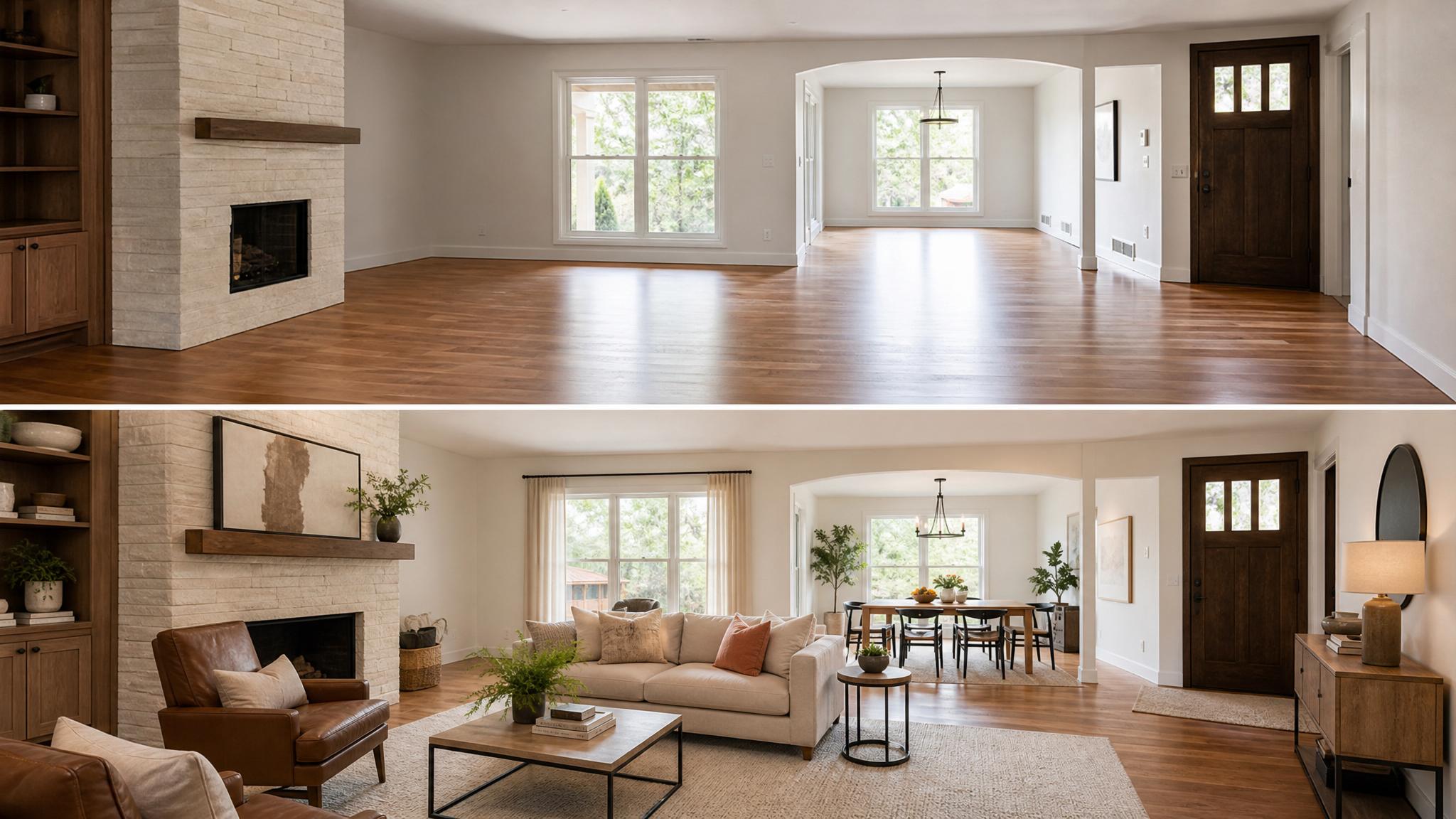 Before and After Image of an Open-Plan Living Room