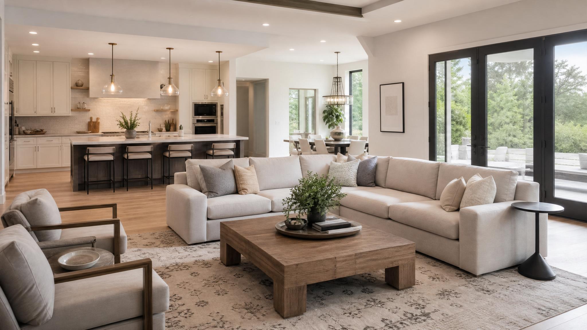 Beautiful transitional open-plan living room design