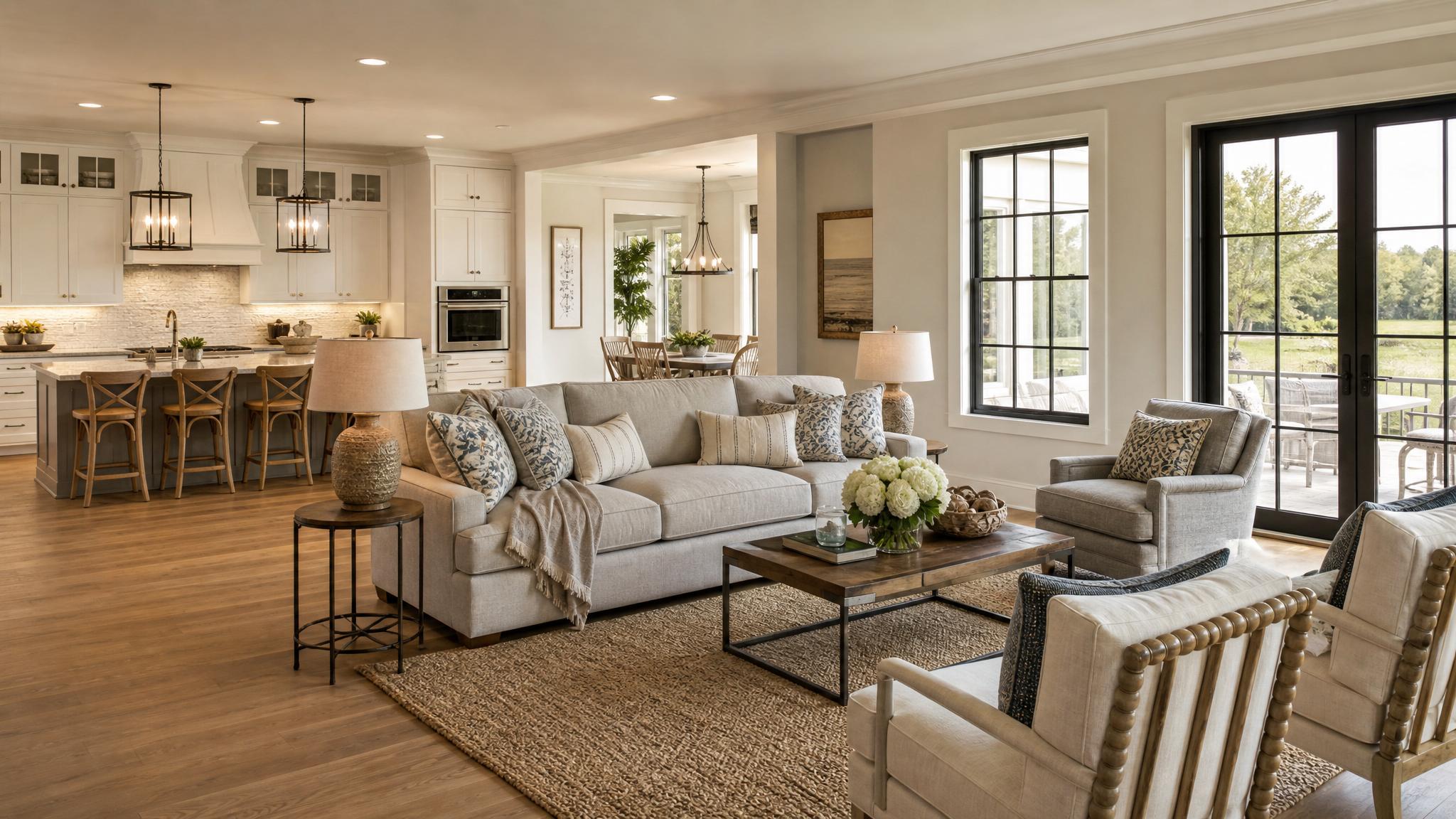 Transitional furniture arrangements for open-plan living
