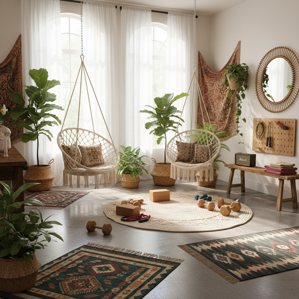 An inviting bohemian home gym featuring natural light, plants, and colorful textiles.