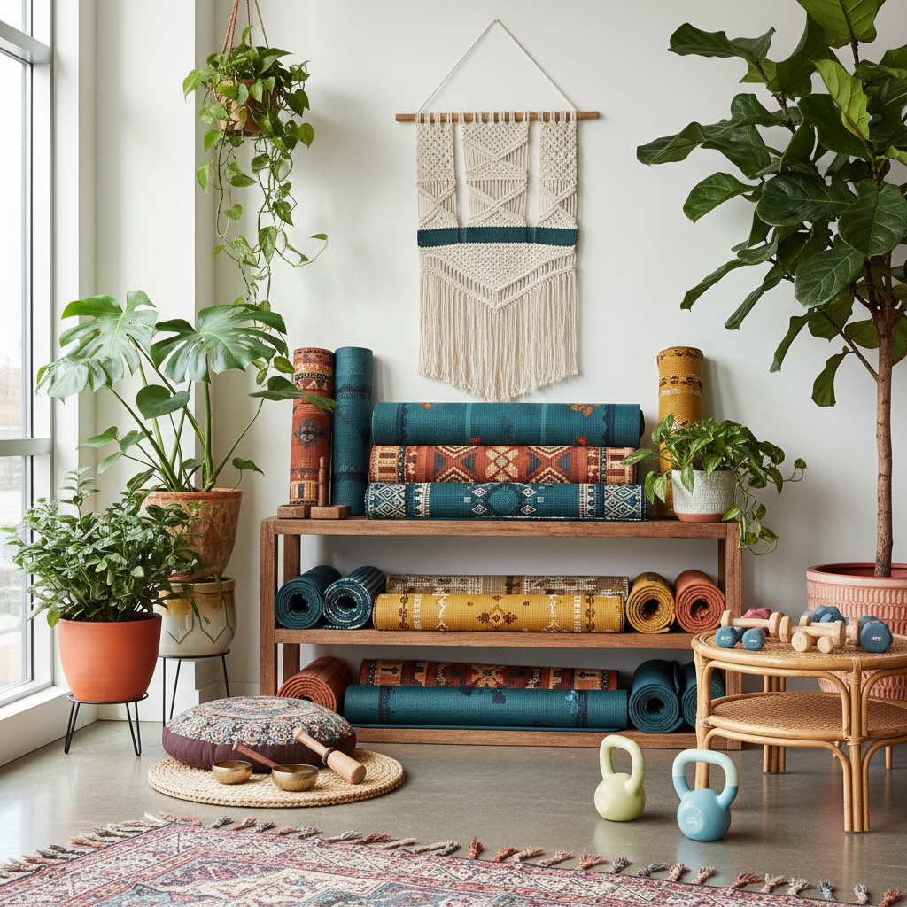 A well-organized bohemian gym setup with colorful mats and indoor plants.