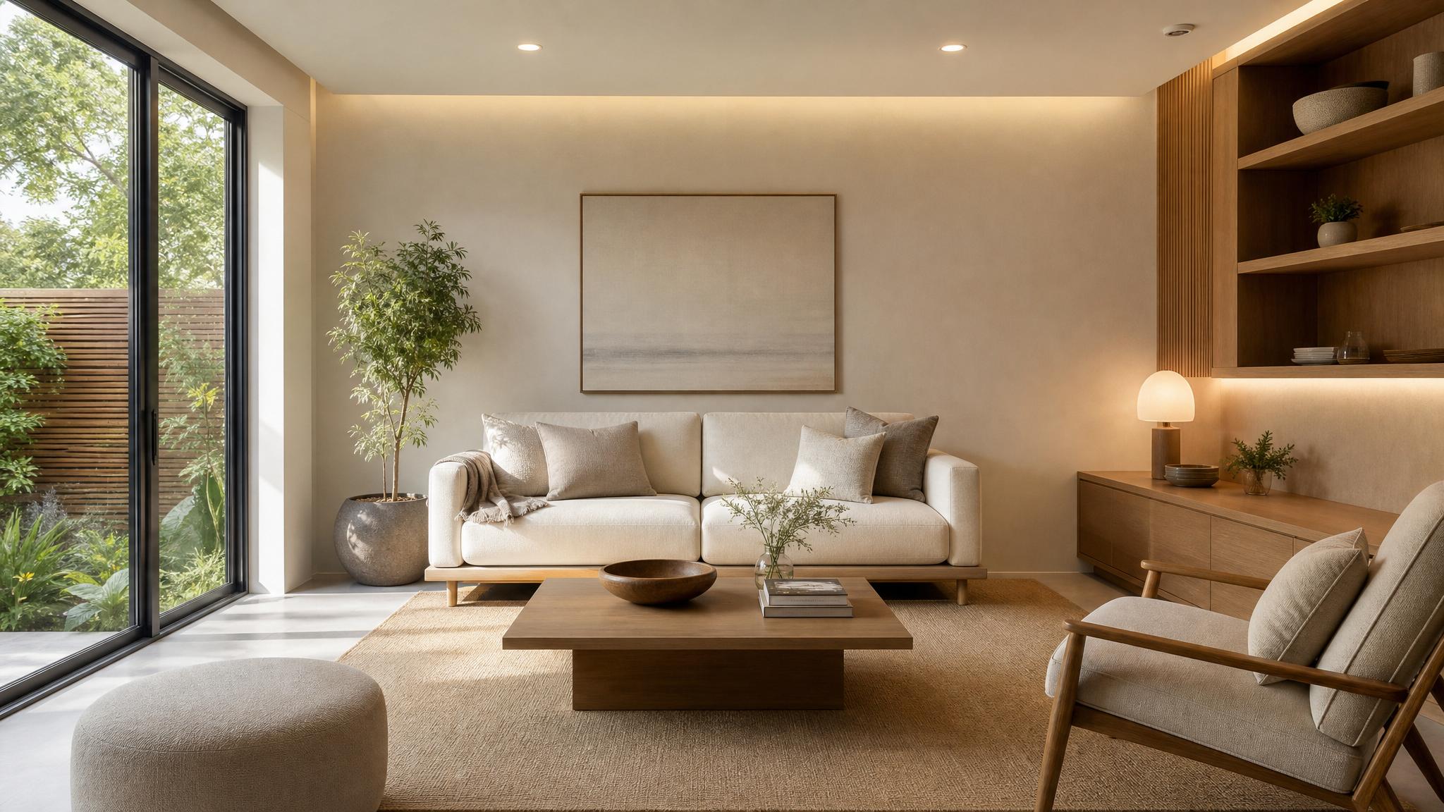 Zen-inspired small living room with natural light and minimalist furniture