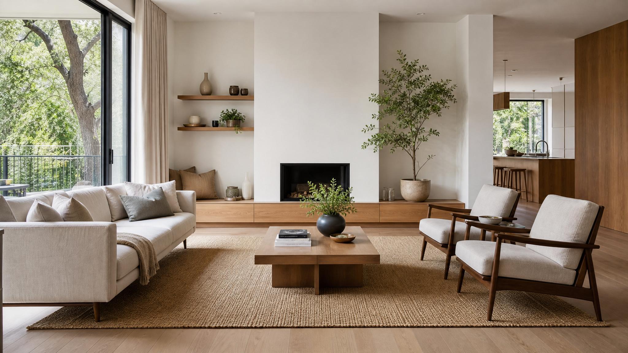 A minimalist living room with neutral colors and functional furniture