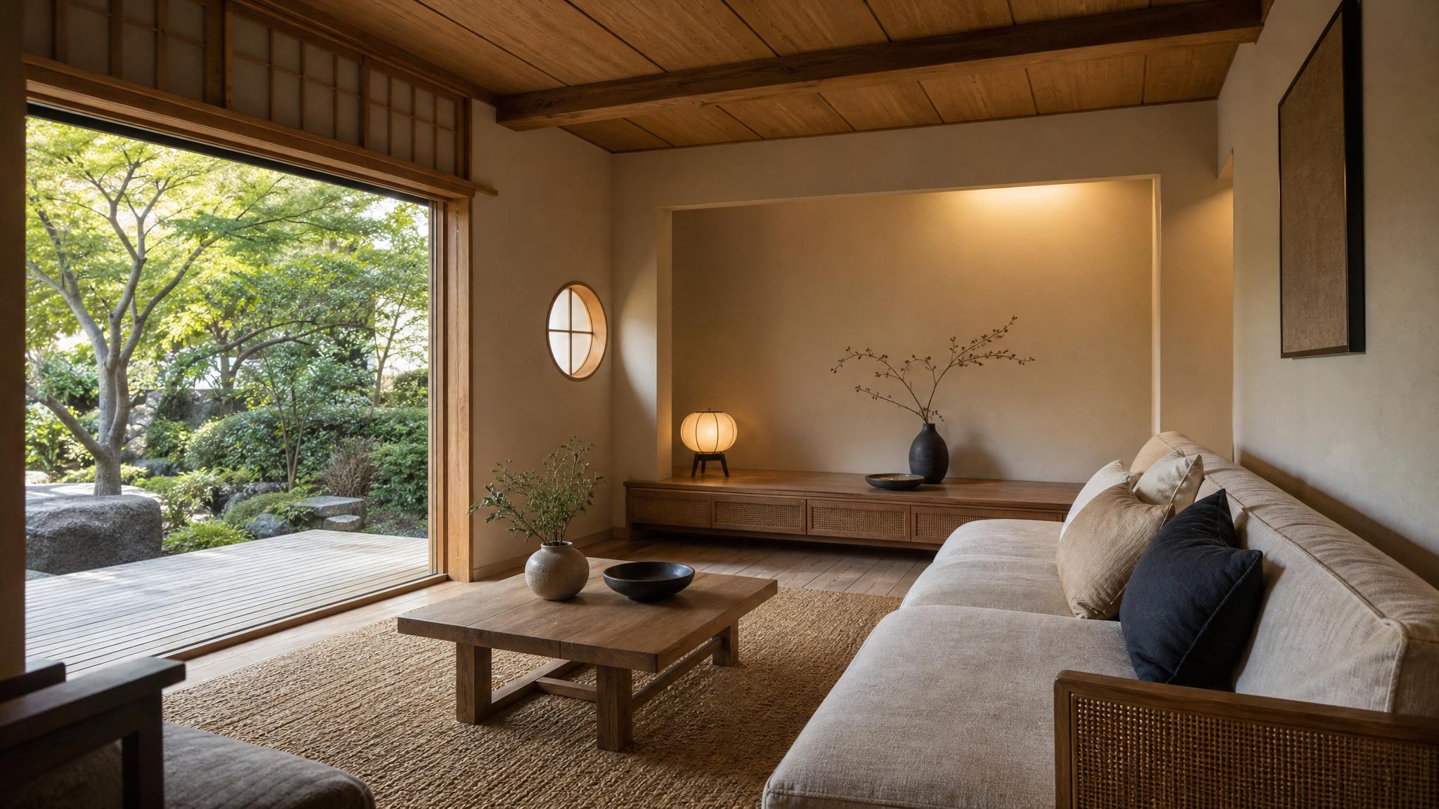 Japanese-inspired small living room with natural views and minimalist design