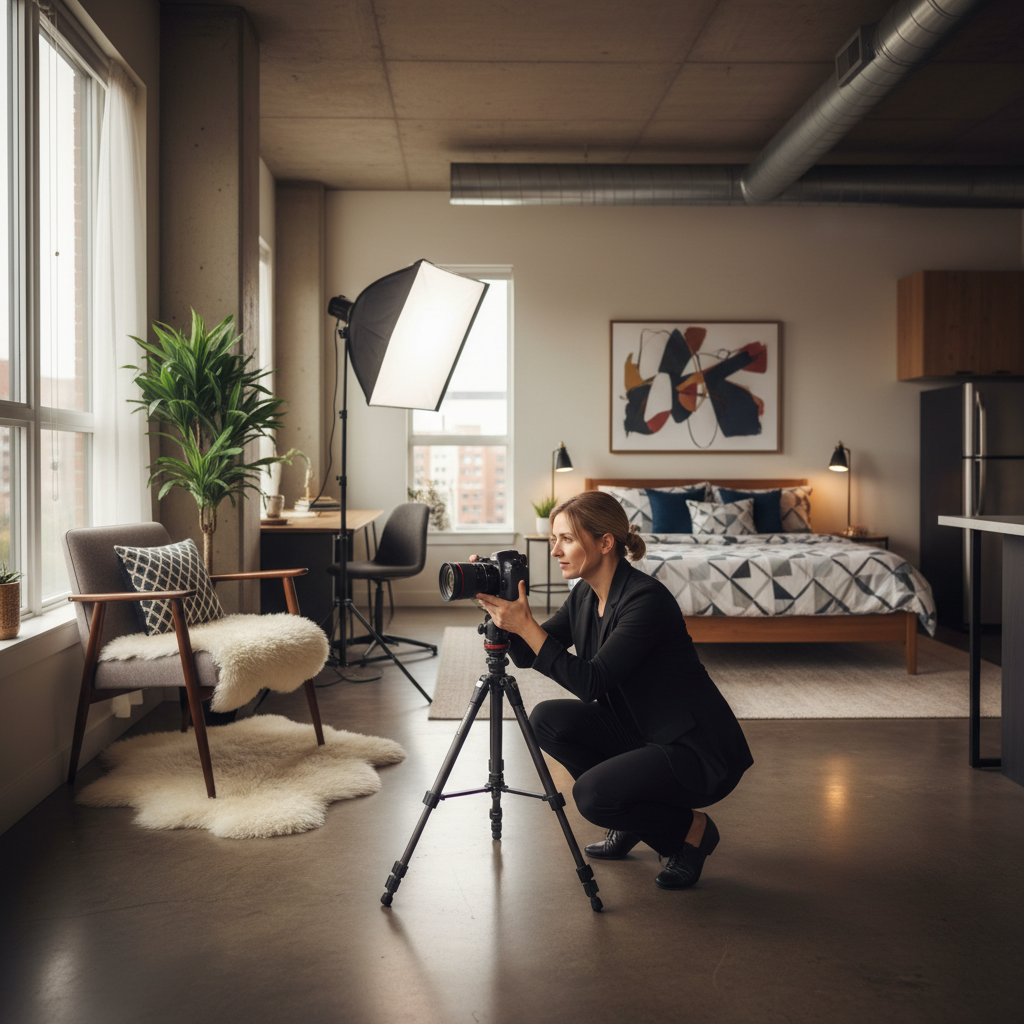 A professional photographer taking pictures of a studio apartment.