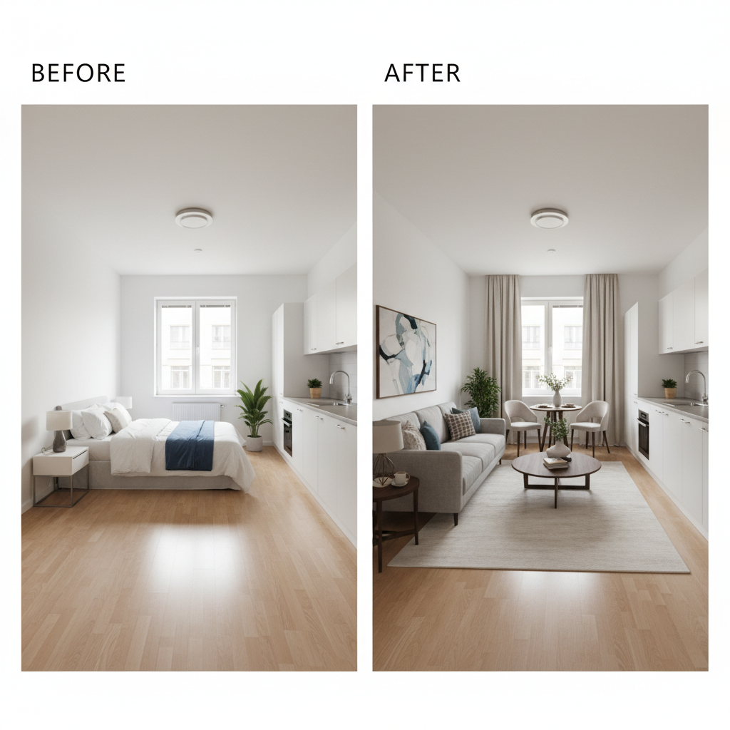 Before and after of a virtual staging project that transformed a studio.
