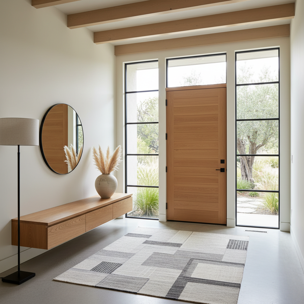 Show a California modern entryway featuring elements like natural wood, large windows, and minimalist decor.
