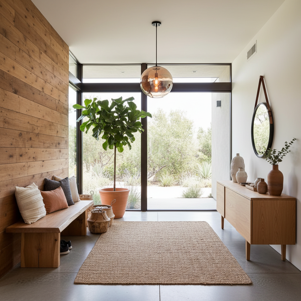 Display a cozy California modern entryway with large windows and an organic materials theme.
