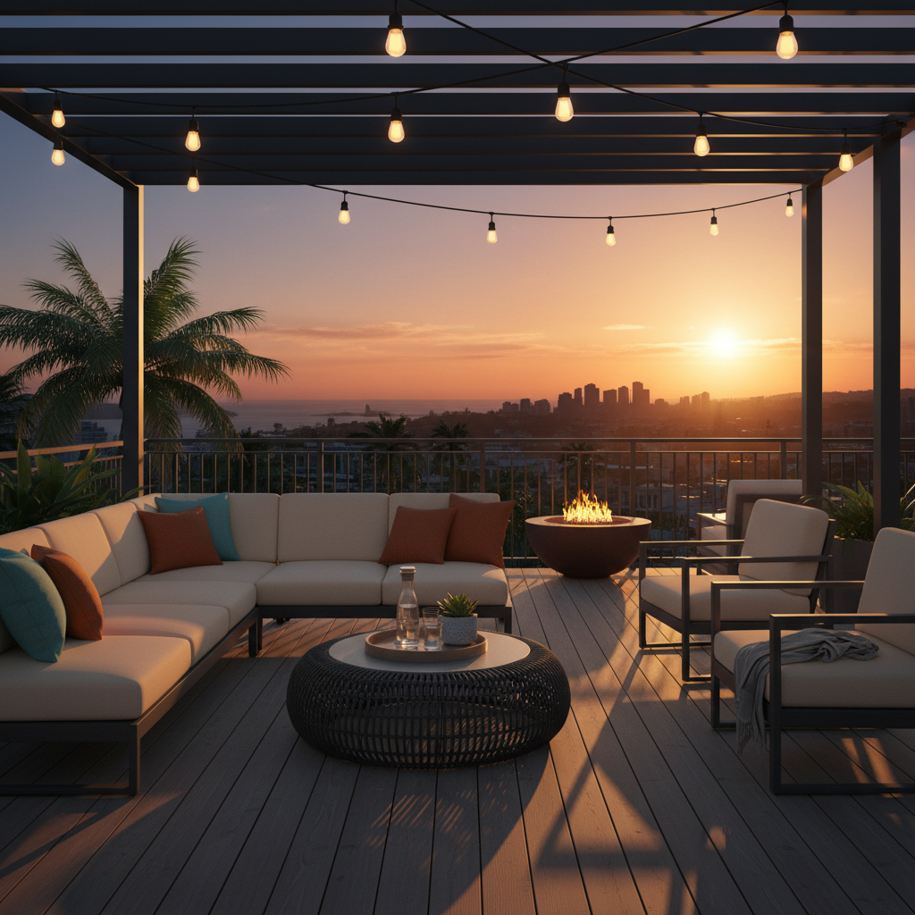 Beautiful terrace showcasing outdoor furniture during sunset.