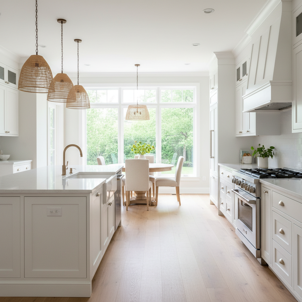 Bright and airy kitchen with large windows letting in natural light.