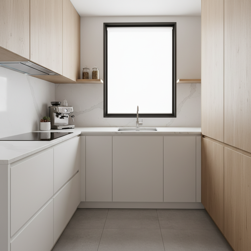 Organized small kitchen with clean countertops and minimal decor.