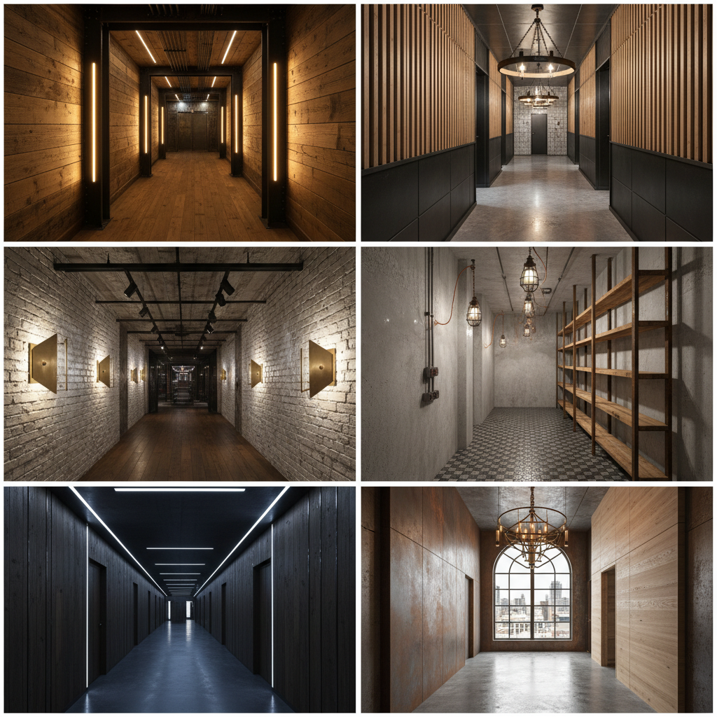 A selection of AI-generated designs for an industrial hallway featuring wood, metal, and lighting variations.