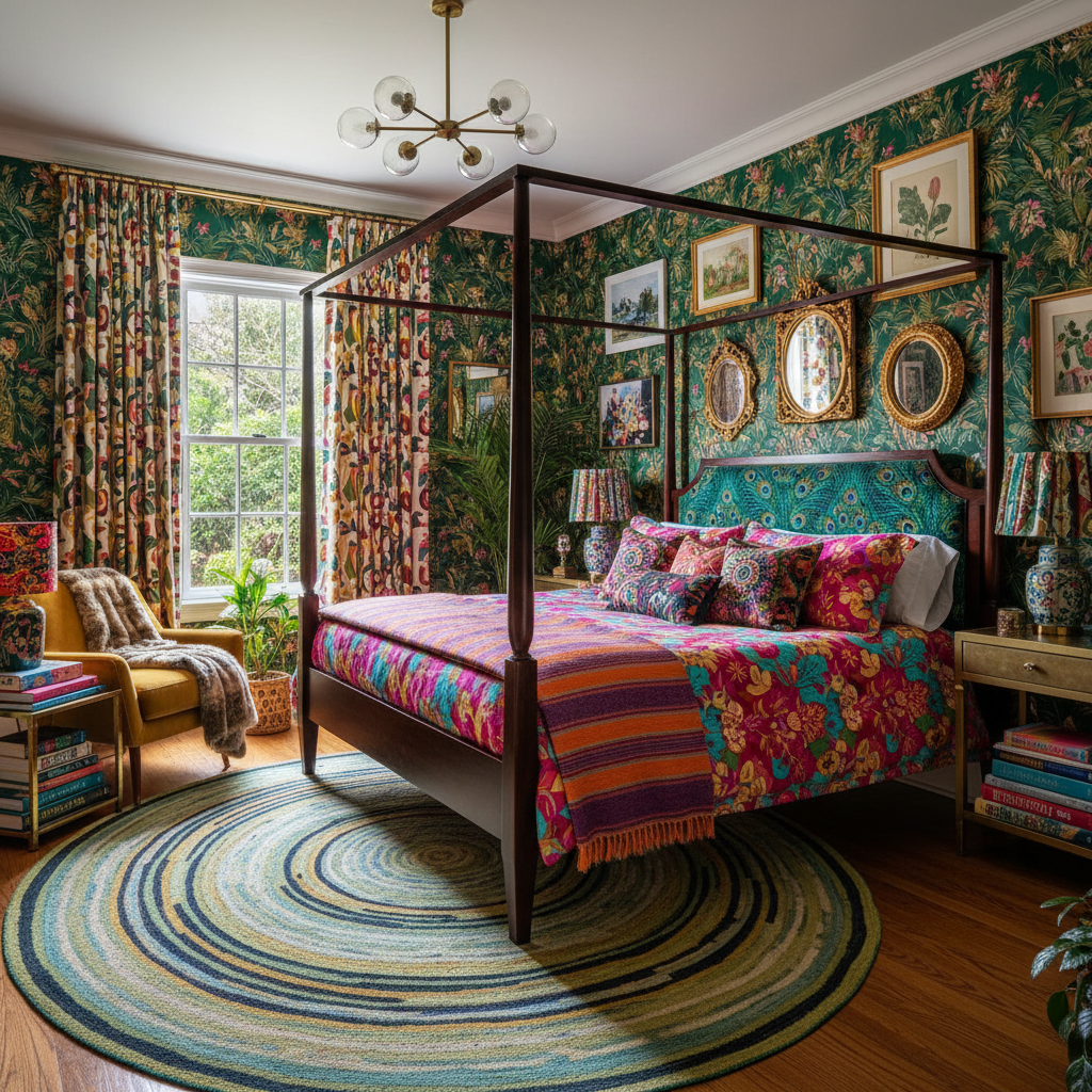 A beautifully staged maximalist guest bedroom featuring vibrant colors and diverse textures.