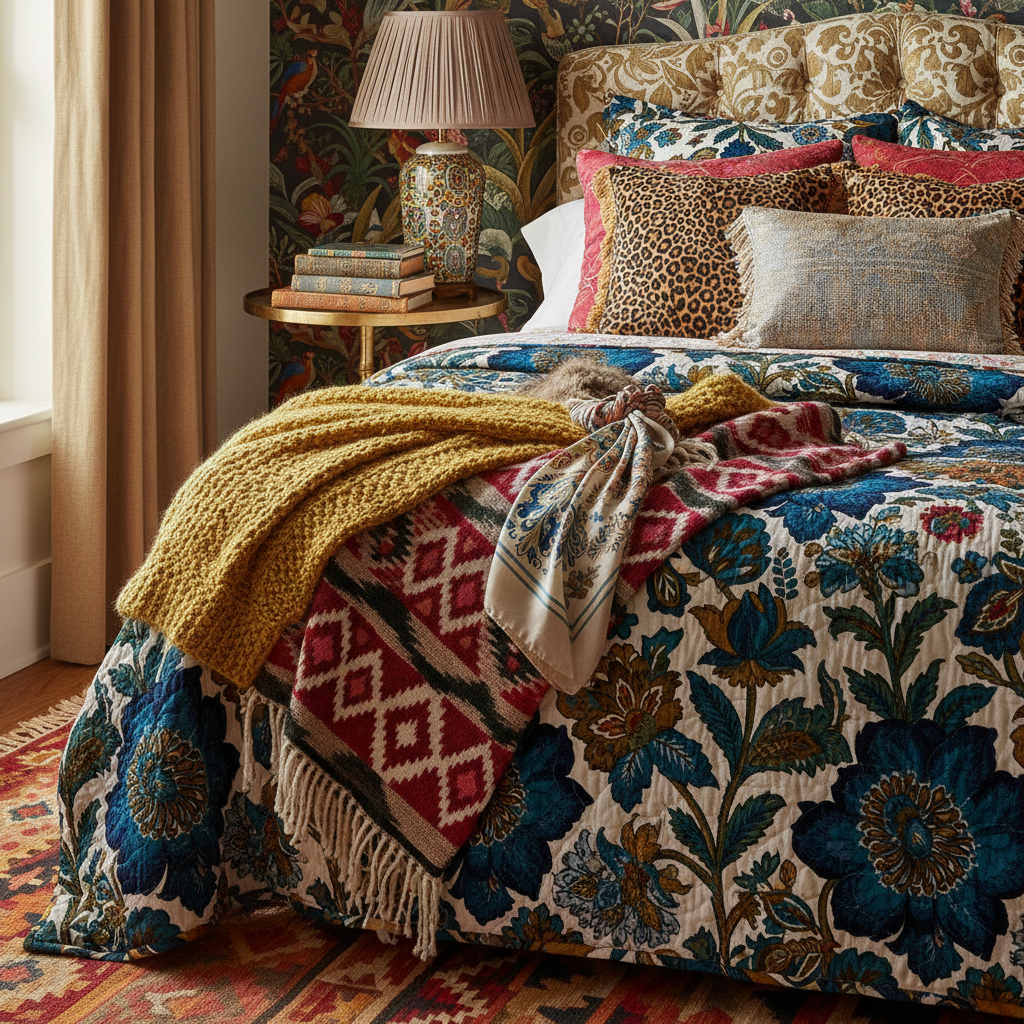 A close-up view of layered textiles and patterns in a maximalist guest bedroom.