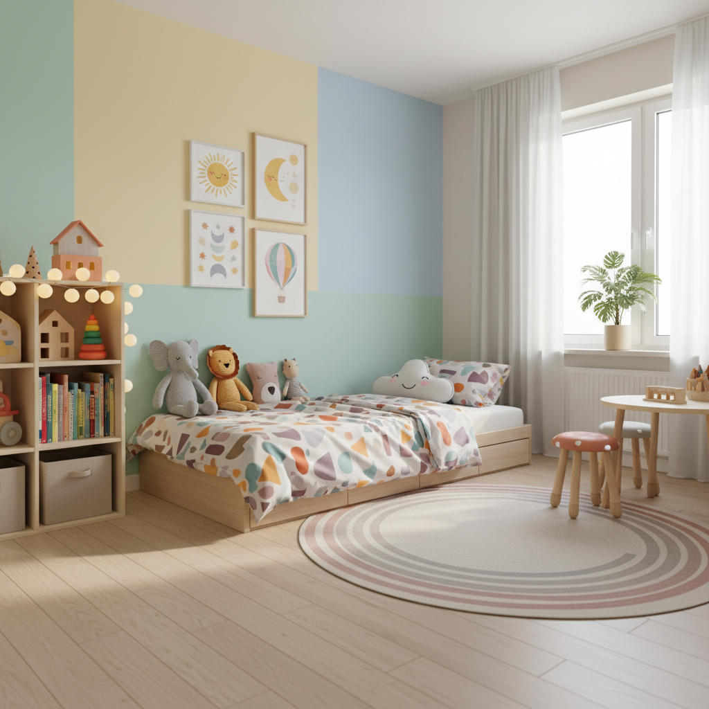 A serene and colorful modern kids bedroom with bright walls and playful decor.