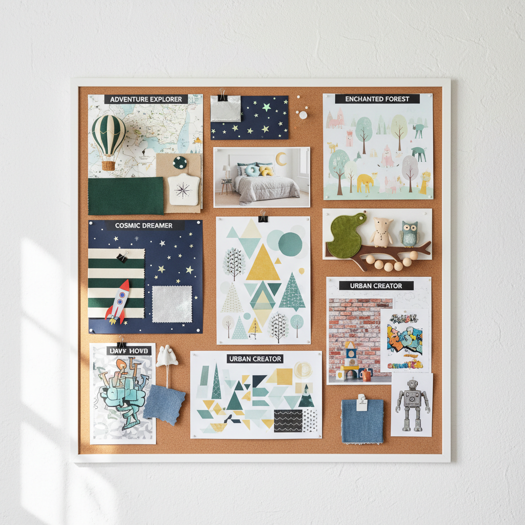 A mood board showing different theme ideas for a modern kids bedroom.