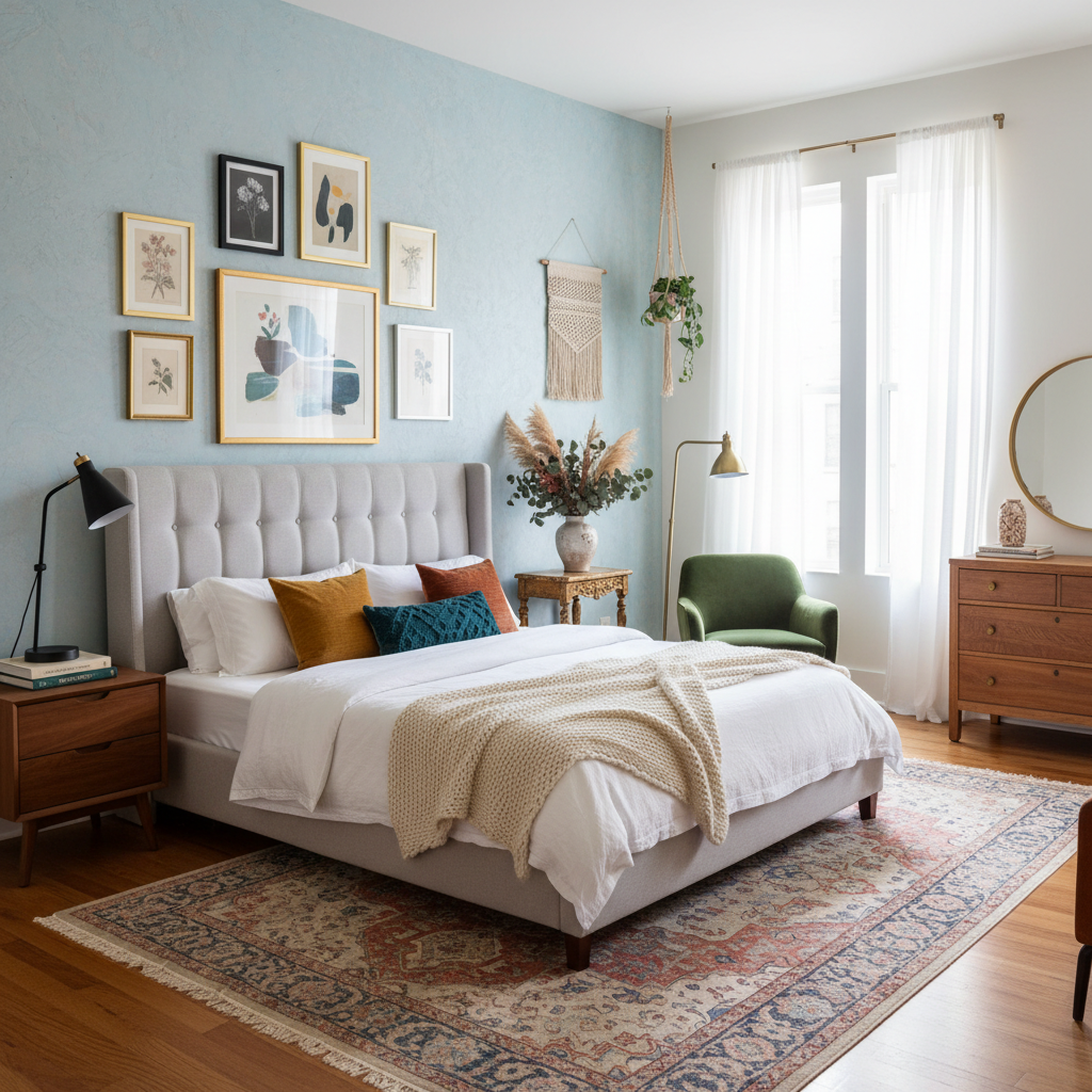 An eclectic bedroom featuring a mix of contemporary and vintage elements
