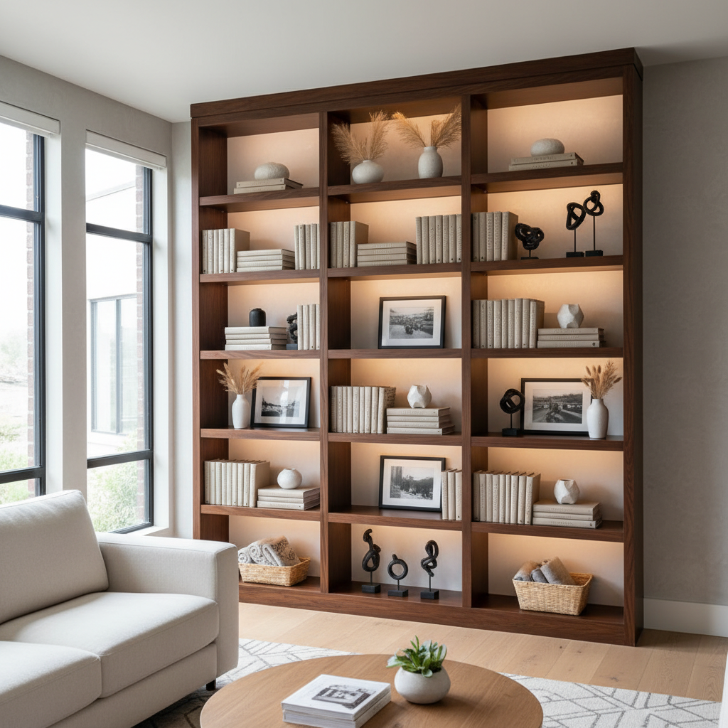 Vertical shelving unit with decorative items and books