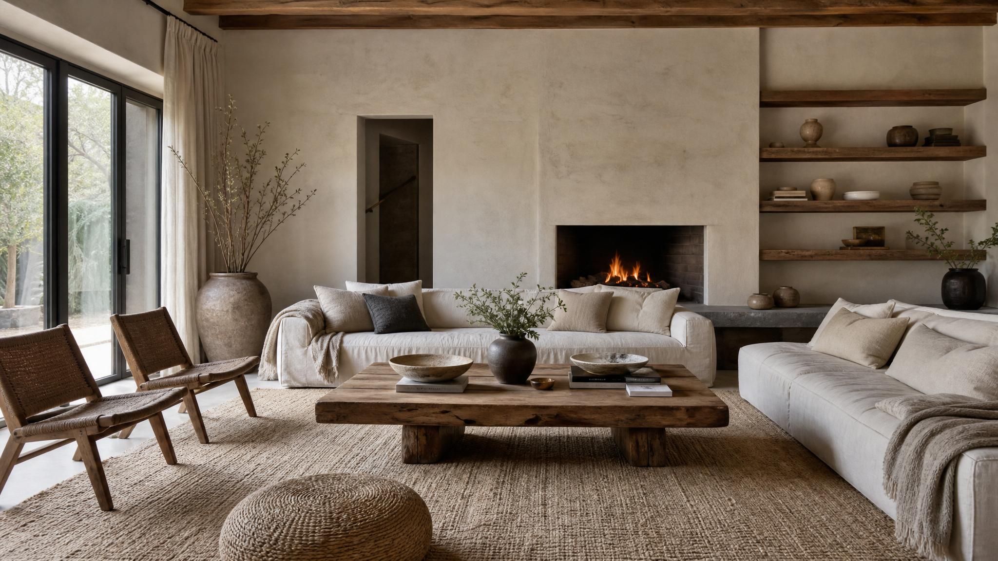 A cozy living room showcasing wabi-sabi elements like natural wood, organic shapes, and soft textiles.