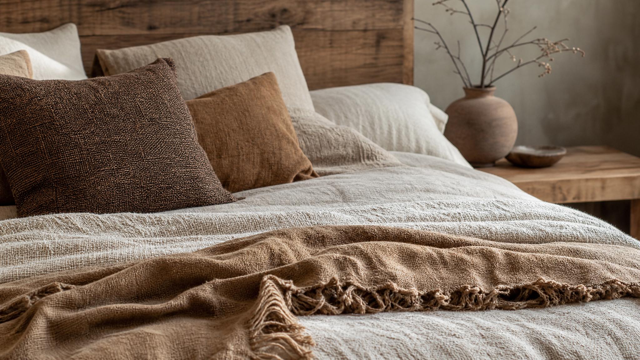 Close-up of textured textiles and earthy colors to illustrate layering in wabi-sabi style.