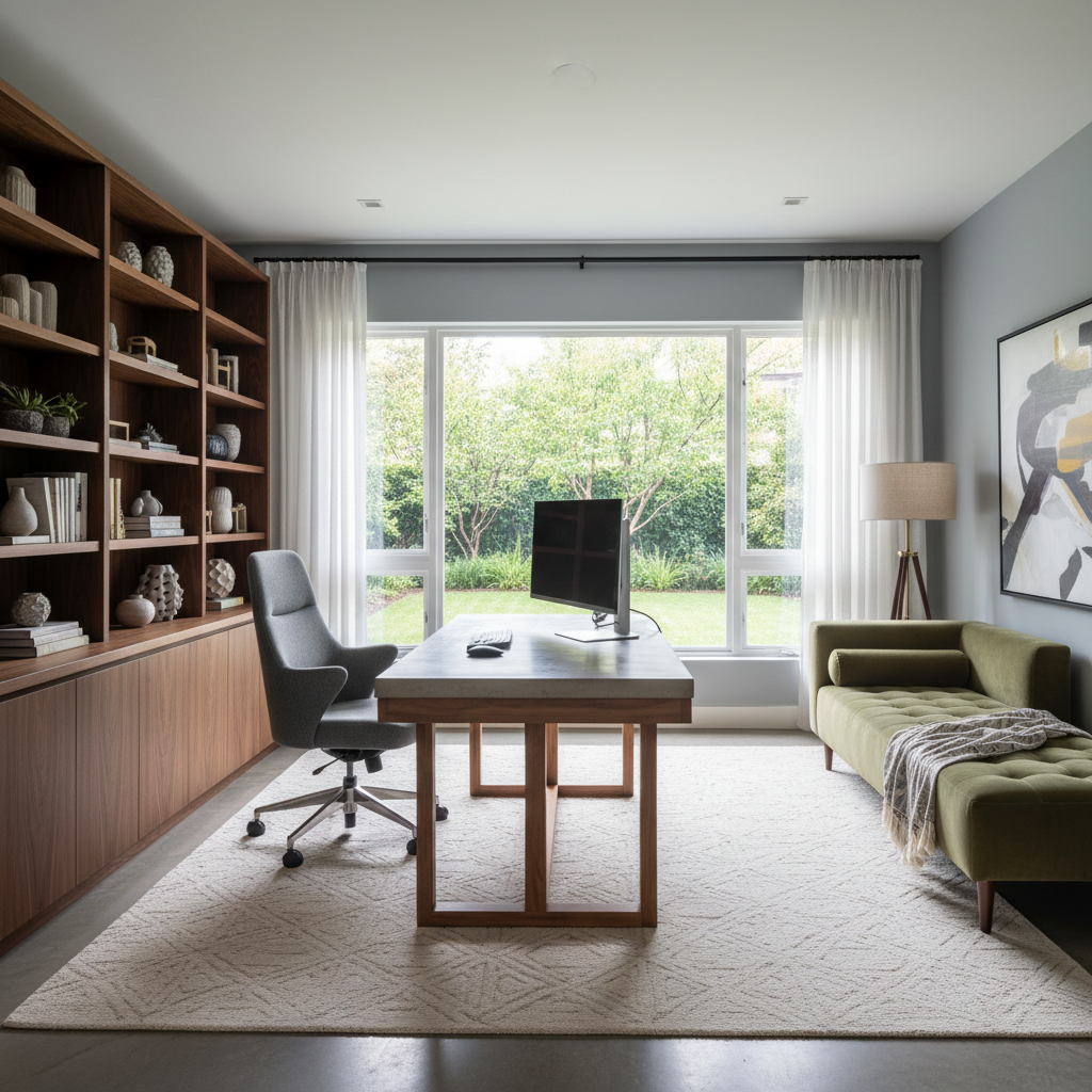 A well-equipped home office with modern furnishings and natural lighting.