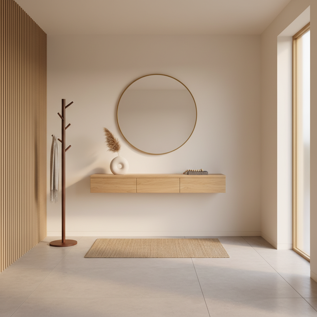 Image of a warm minimalism entryway with neutral colors and wooden textures