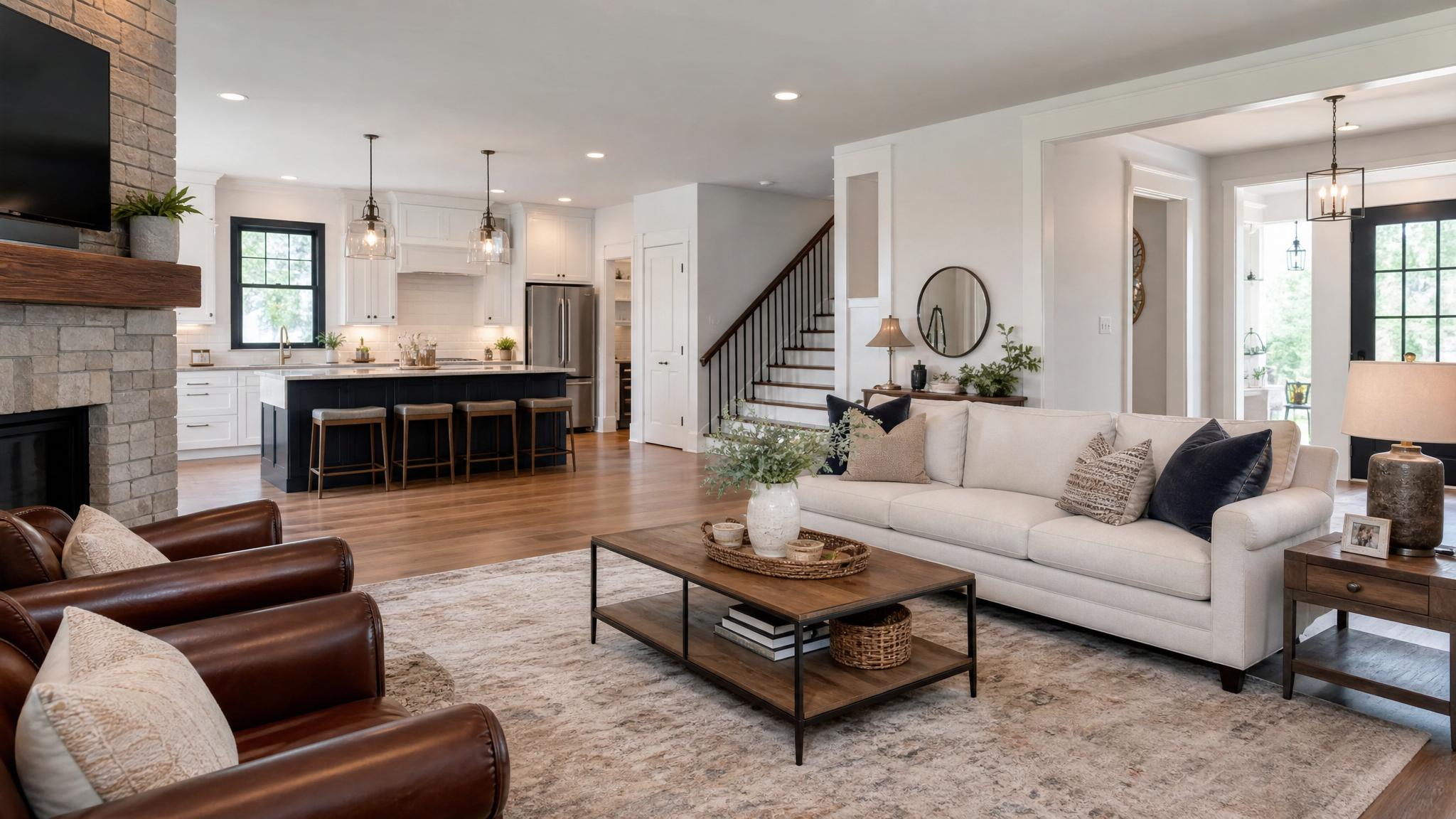 Image of a transitional designed open-plan living room with a mix of modern and traditional furniture.