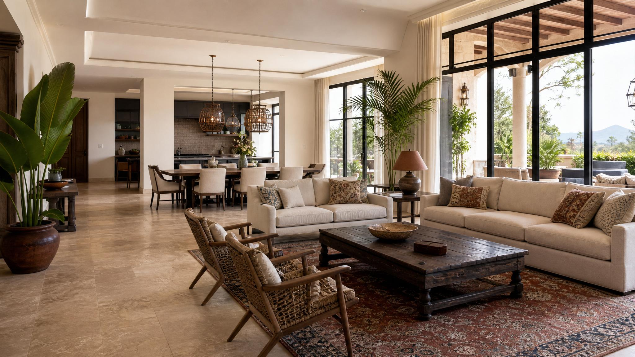 Image showcasing a blend of traditional and contemporary furniture in a villa's open-plan living space.