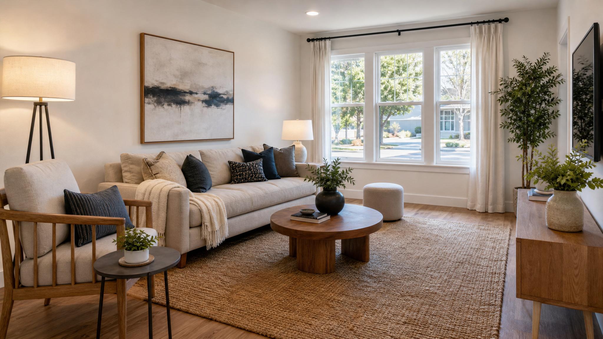 A well-lit small living room after staging