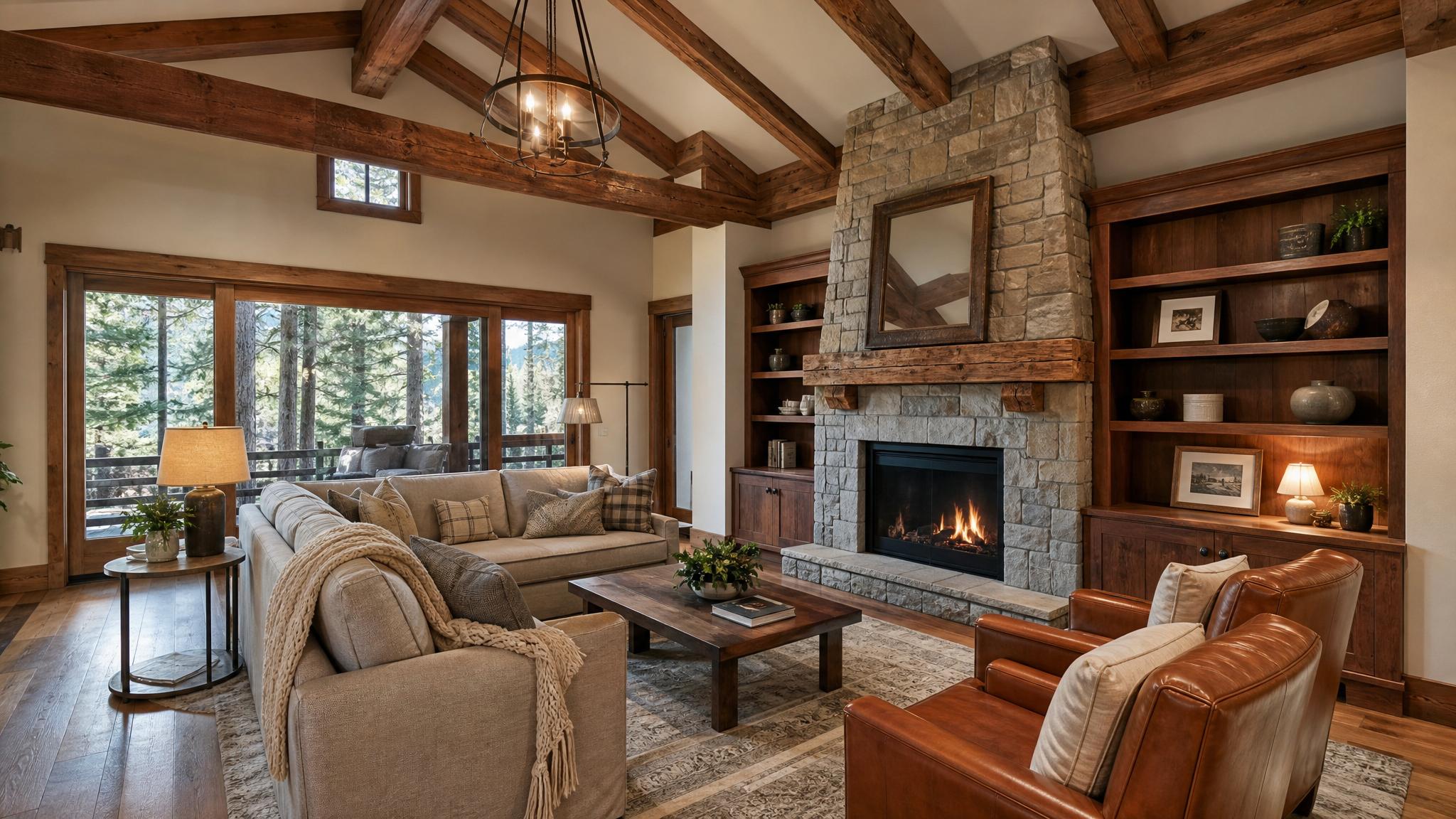 Cozy rustic living room with wooden beams and warm tones