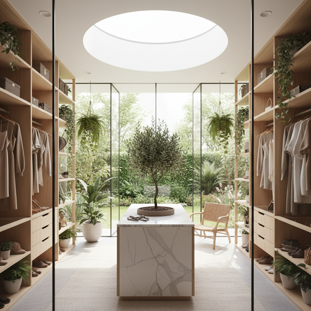 A beautifully designed biophilic walk-in closet filled with plants and natural light.