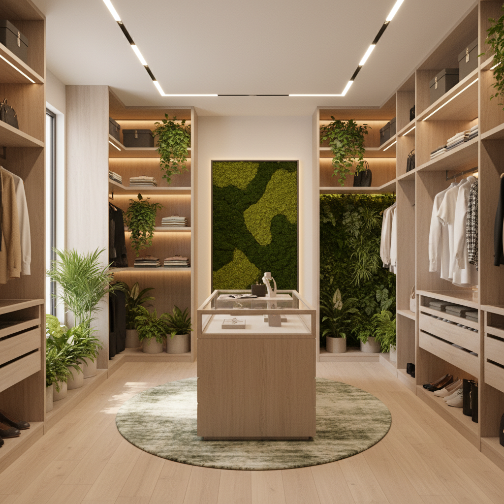 A digital rendering of a biophilic walk-in closet showcasing integrated greenery.