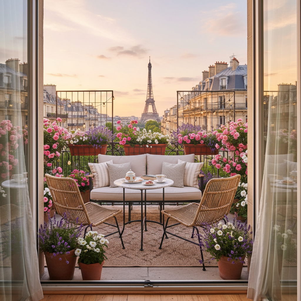 A scenic view of a Parisian balcony filled with flowers and stylish furniture