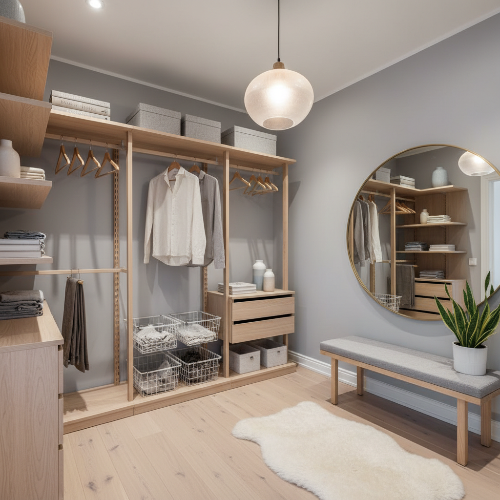 A beautifully staged Scandinavian walk-in closet featuring light woods and minimalistic decor.