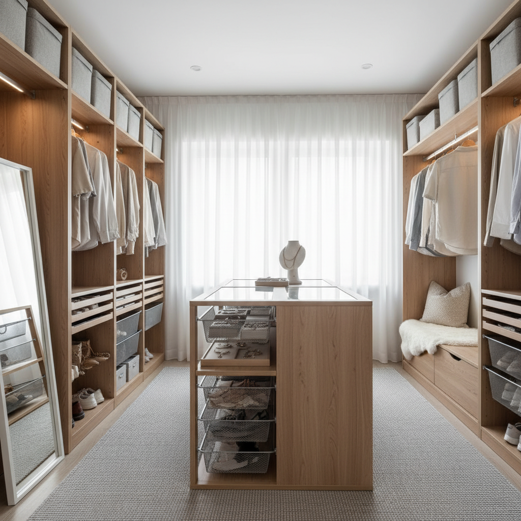 Example of functional elements in a Scandinavian walk-in closet, showcasing open shelving and modular storage.