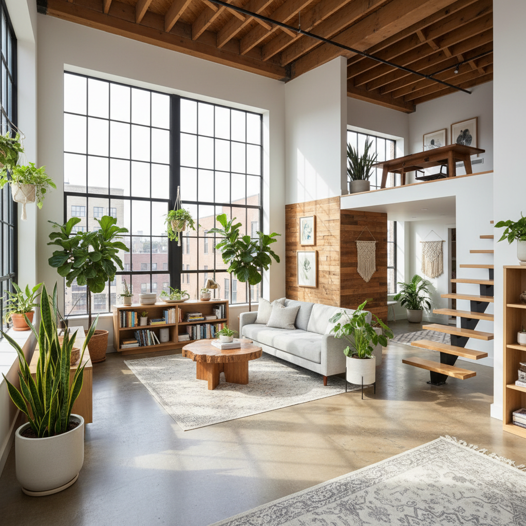 A bright and airy loft featuring plants, natural light, and wood accents.