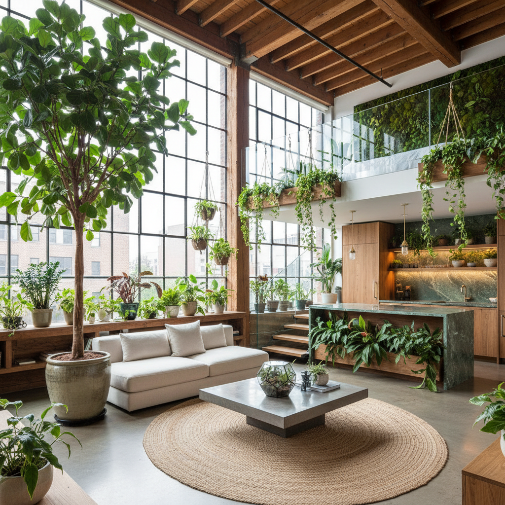 An AI-generated biophilic design concept for a modern loft.