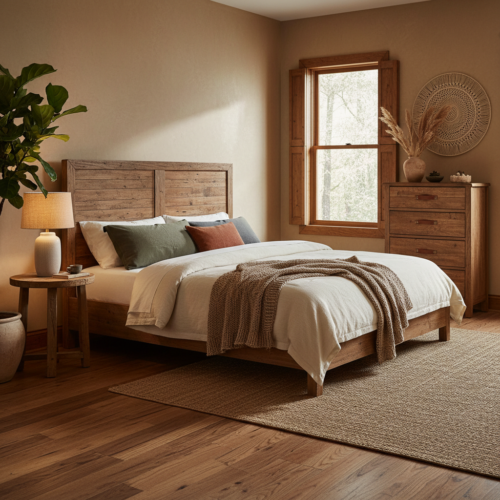 Image showcasing wooden furniture and earthy decor in a rustic bedroom.