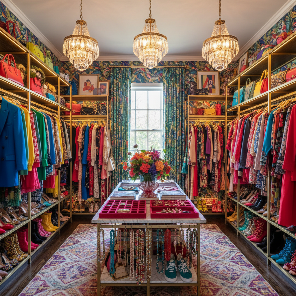 Maximalist walk-in closet with colorful clothing and accessories.