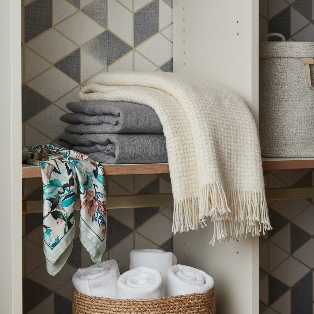Close-up of patterned wallpaper and layered fabrics in a stylish closet.