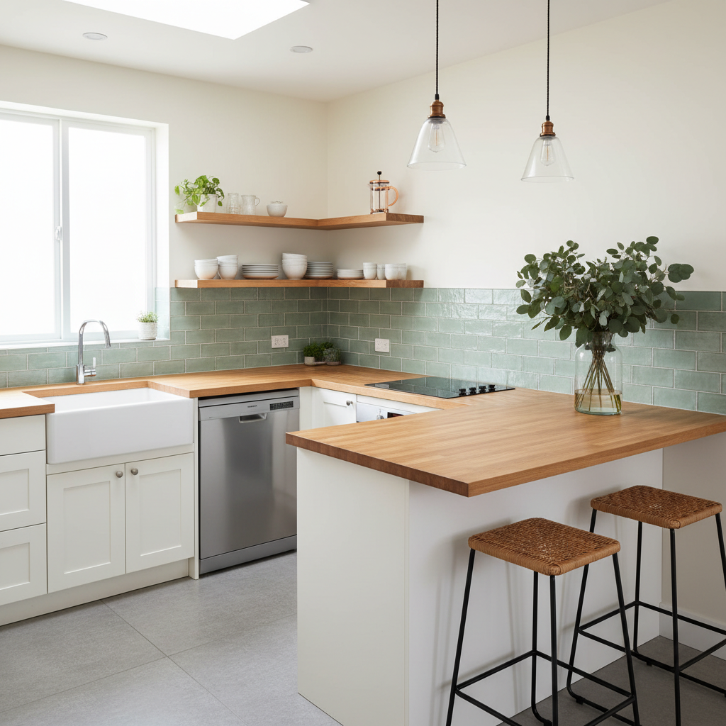 A well-staged small kitchen showing natural light and spaciousness.