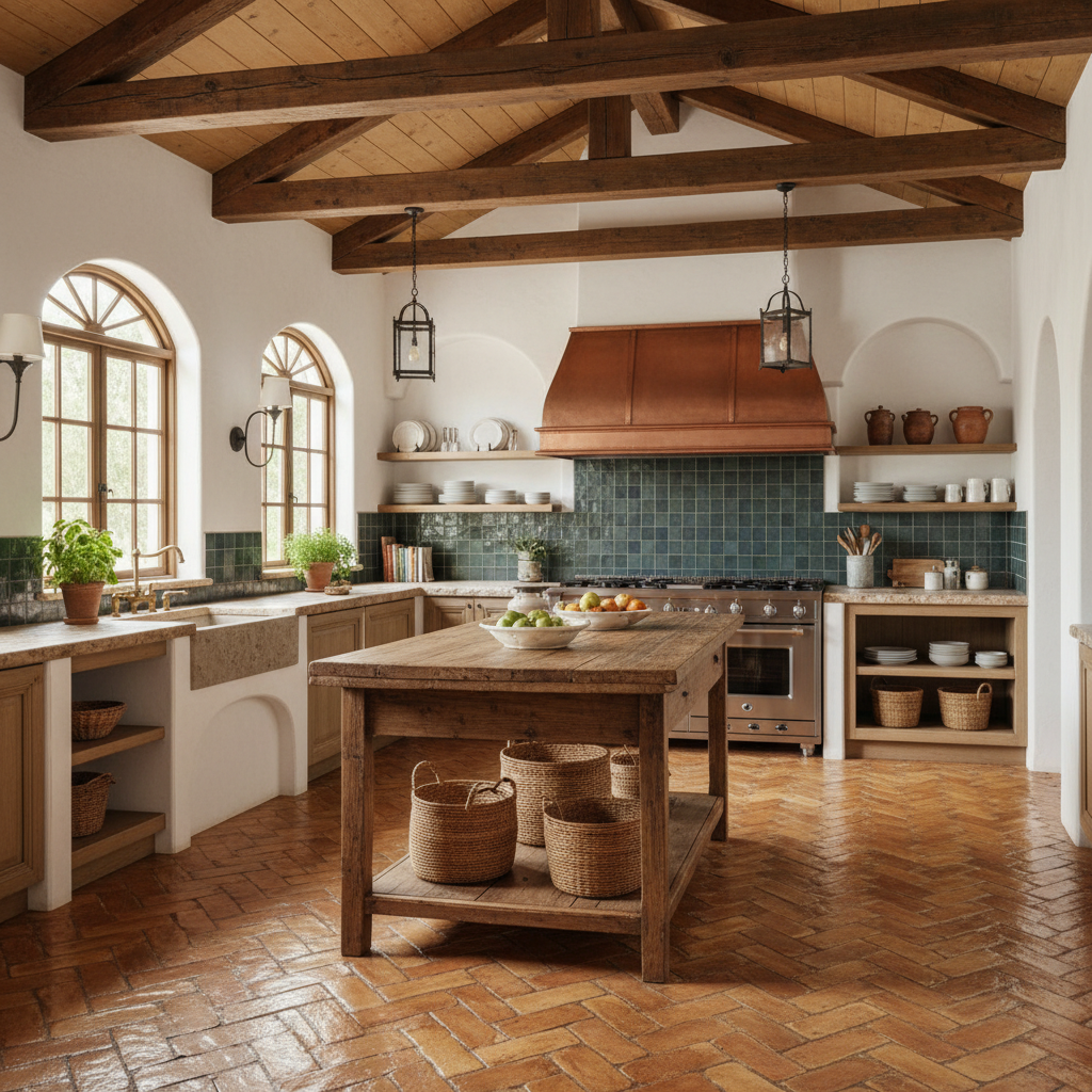Beautiful Mediterranean kitchen with terracotta tiles and wooden beams.