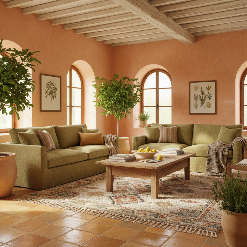 Color palette for Mediterranean interiors: warm terracotta, olive green, and soft yellows.