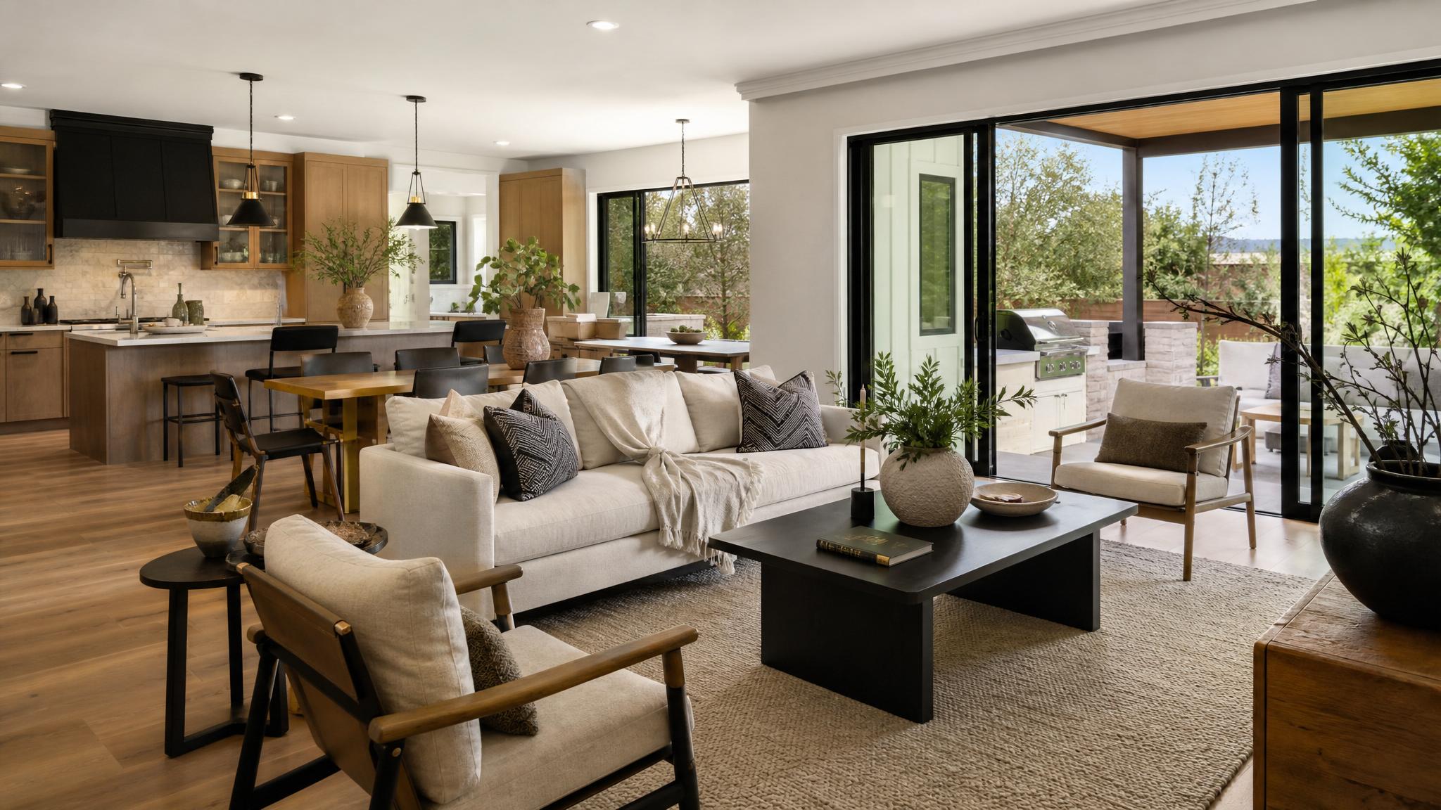 An open-plan living room showcasing a harmonious blend of furniture.